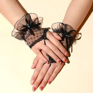 Black Sexy Lace Gloves Fingerless Ribbon Rhinestone Cosplay Goth Punk Fetish